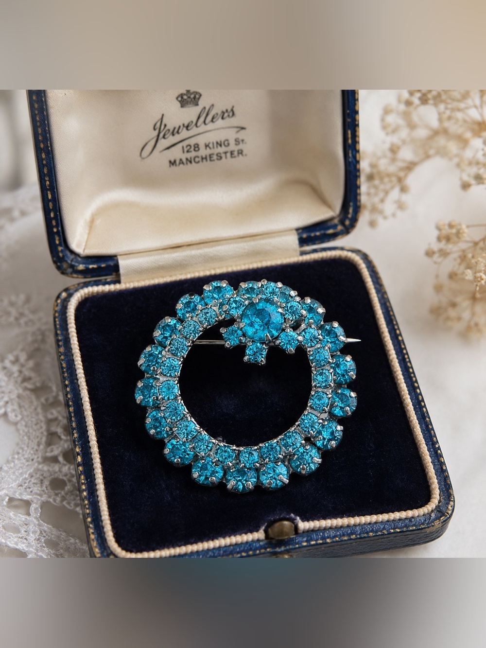 Vintage Cinderella Blue Rhinestone Pin Round Floral Silver Tone Brooch 1 3/8"